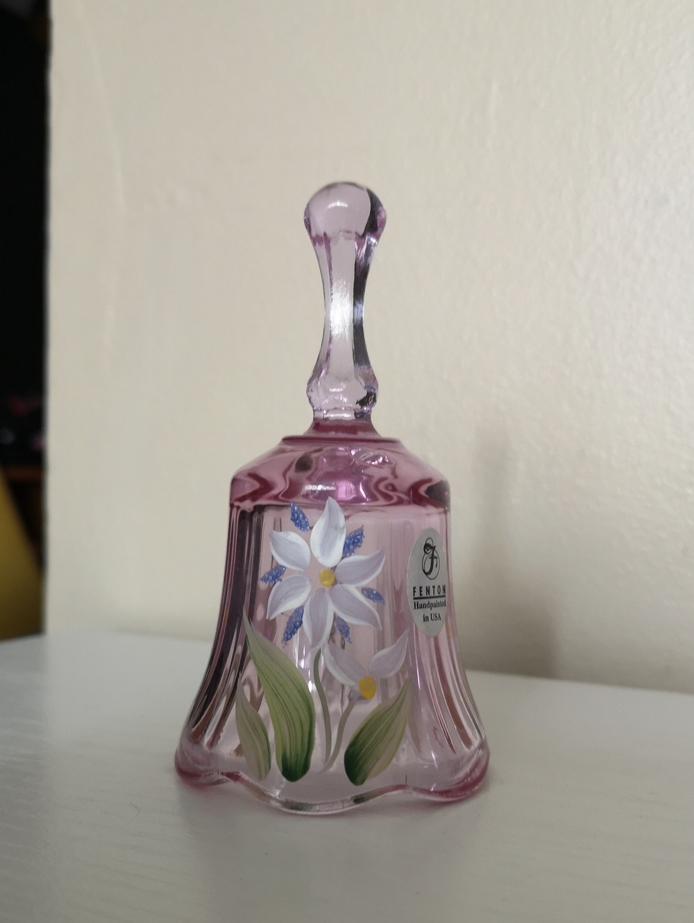 Stunning Hand Painted & Signed Fenton Bell 4" Pink Purple w Floral Design, Label